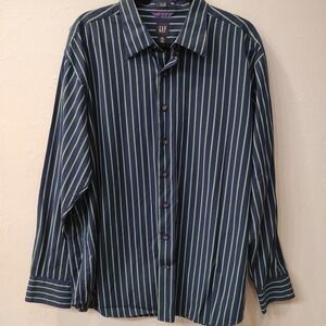 GAP Blue Green Striped Button Shirt Fitted Premium Mens Sz S 18-18.5 Cotton‎